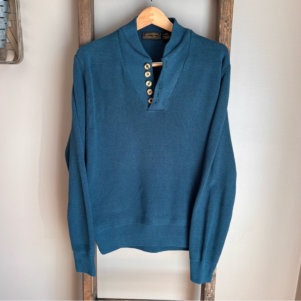 Vintage Eddie Bauer Black Tag Teal Button V Neck Sweater